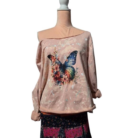 Custom Upcycled Off Shoulder Butterfly Handpainted Sweatshirt - Picture 1 of 3